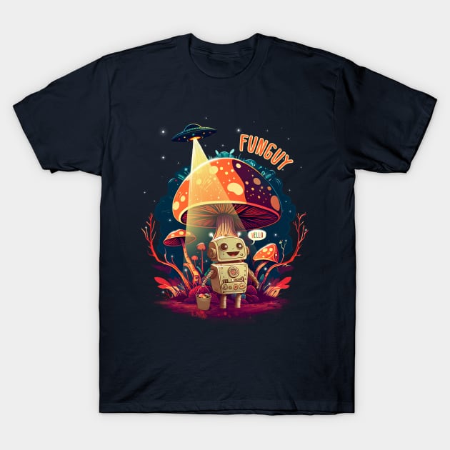 Funguy Little Robot Collecting Mushrooms T-Shirt by OnstOn